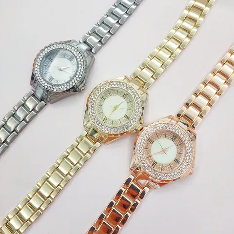 Luxe Dames Quartz Horloge Strass Sterrenhemel Wijzerplaat Romeinse Cijfers Legering Band Mode Ingelegde Diamant Polshorloge