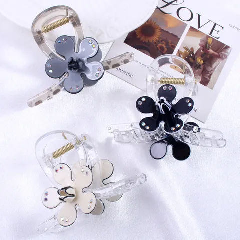 Pince à Cheveux Crabe en PVC Transparent Forme Fleur Avec Strass Élégante Pince à Mâchoire Antidérapante pour Femmes Accessoires Cheveux