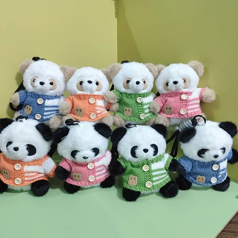 Cute Panda Plush Toy Pendant Keychain Stuffed Animal With Knitted Sweater Bag Hanging Ornament Kawaii Doll Gift