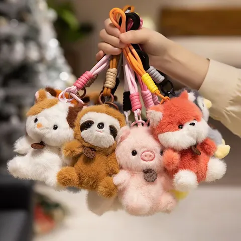 Cute Animal Plush Toy Keychain Cartoon Panda Raccoon Rabbit Elephant Doll Bag Pendant Soft Stuffed Animal Keyring Bag Charm