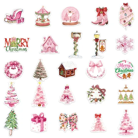 Roze Kerststickers Schattige Cartoon Stickers Waterdicht Zelfklevend Set Voor Laptop Dagboek DIY Decoratie