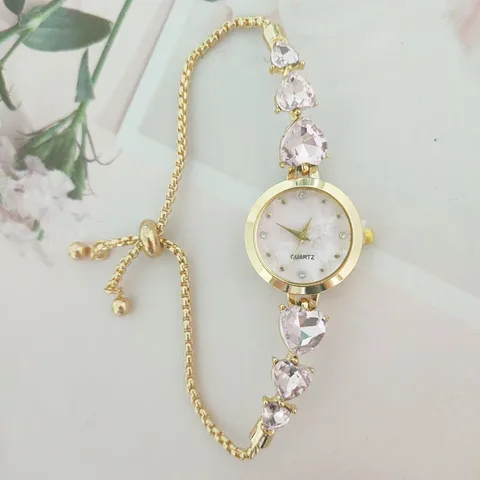 Fashion Women Quartz Watch Heart Rhinestone Electroplated Alloy Bracelet Chain Watch With Adjustable Drawstring Clasp Casual Dial Gift Wristwatch For Lady Students