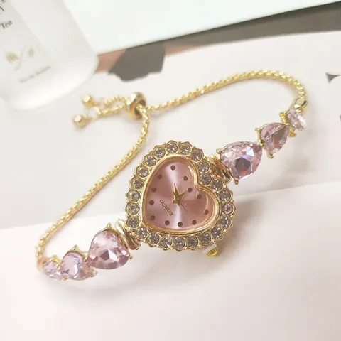 Mode Damen Herzförmige Strass Armbanduhr Elegante Gold Silber Roségold Quarzuhr Mit Verstellbarer Kordelzugkette Geschenk Für Damen
