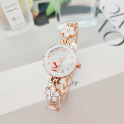 Fashion Women Flower Bracelet Watch Alloy Mineral Glass Rhinestone Quartz Wristwatch Analog Digital Dial Elegant Jewelry Gift