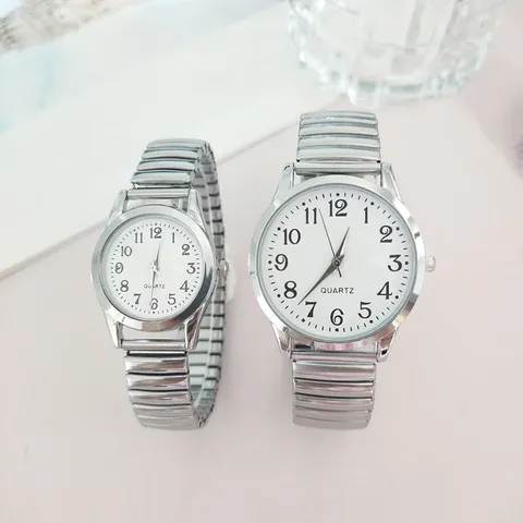 Retro Legering Stretchband Quartz Horloge Mannen Vrouwen Grote Cijfers Elastische Band Casual Paar Horloge Goud Zilver