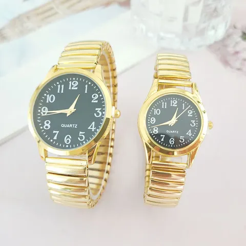 Retro Legering Stretchband Quartz Horloge Mannen Vrouwen Grote Cijfers Elastische Band Casual Paar Horloge Goud Zilver