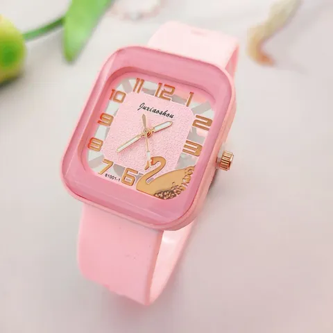 Montre en Silicone pour Femmes Décontractée Cadran Carré Simple Montre de Bracelet de Quartz Numérique Élégante Décoration de Cygne pour Étudiantes Cadeau