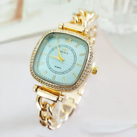 Reloj de Pulsera para Mujer Cuadrado con Diamantes de Imitación Cuarzo Lujo Elegante Cadena de Aleación Dorada Joyería de Moda