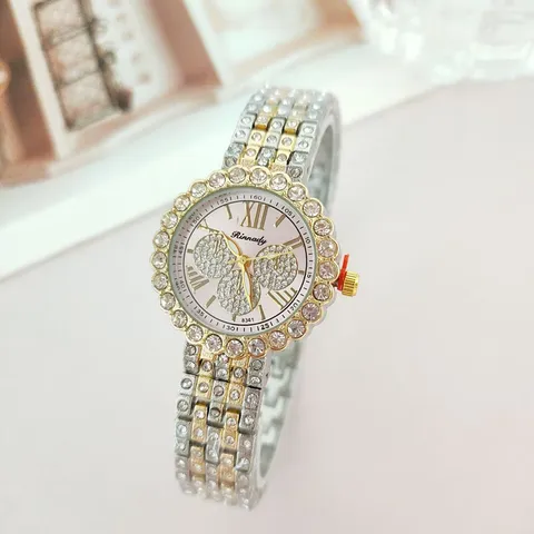 Women Fashion Rhinestone Steel Band Quartz Watch Full Diamond Three-Eye Roman Numeral Elegant Wristwatch Jewelry For Ladies