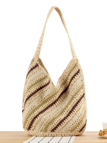 Handwoven Diagonal Stripe Shoulder Bag Bohemian Paper Cotton Rope Mixed Crochet Beach Vacation Large Capacity Tote Bag