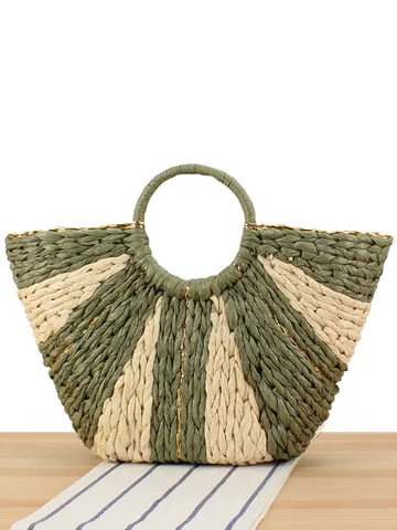 Damen Gewebt Tragetasche Papierseil Gestreift Stroh Handtasche Mori Stil Lässig Strand Reise Handgriff Offen Große Kapazität Geldbörse