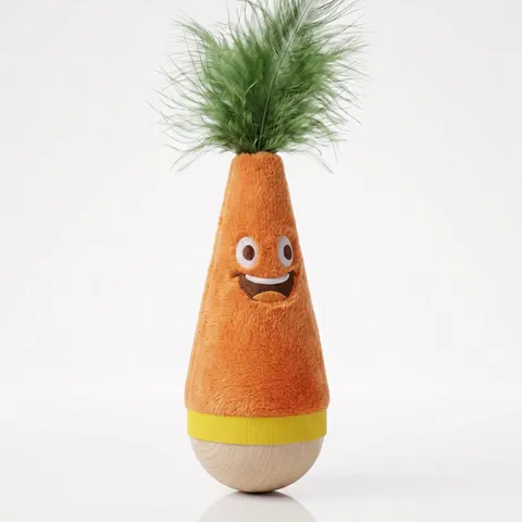 Cute Tumbler Cat Toy Wooden Base Interactive Cat Feather Toy Cartoon Soft Fabric Carrots Teaser Pet Chase Toys For Indoor Cats Accessories