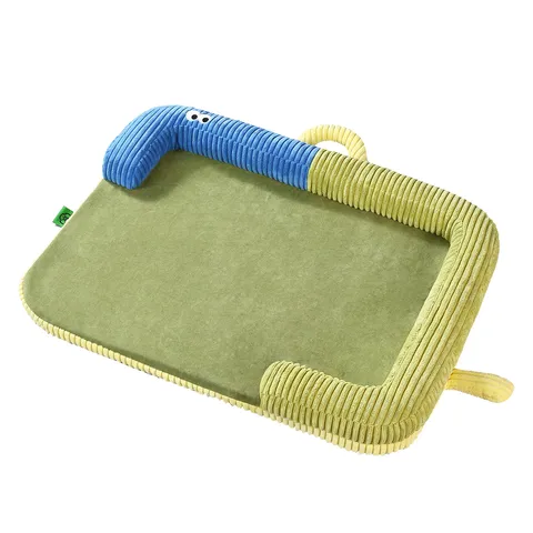 Cute Cartoon Eyes Corduroy Pet Bed Mat With Neck Protection Pillow Handle Removable Washable Dog Cushion For Small Medium Dogs Cats Home Indoor