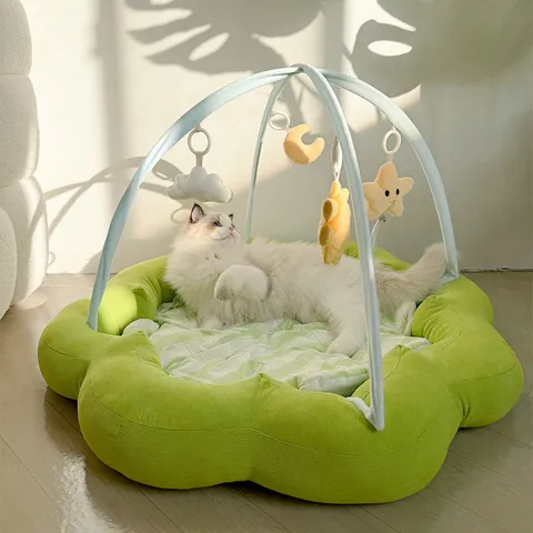 Süßes Blumenförmiges Plüsch Haustierbett Mit Bogen Spielstange Hängende Kuscheltiere Karierte Matte Bequemes Katzen Hunde Spielbett