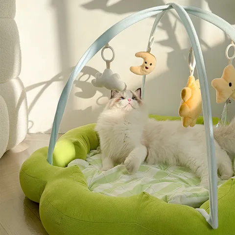 Süßes Blumenförmiges Plüsch Haustierbett Mit Bogen Spielstange Hängende Kuscheltiere Karierte Matte Bequemes Katzen Hunde Spielbett