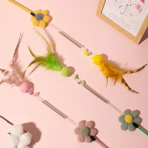 Jouet Interactif Baguette à Plumes pour Chat Avec Ressort en Fil d'Acier et Fleur en Peluche Jouet de Dressage pour Chat d'Intérieur