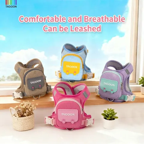 Pet Dog Harness And Leash Set Breathable Mesh Vest Plaid Cat Chest Strap With Small Backpack Cute Pet Walking Supplies