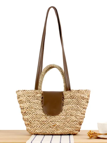 Borsa a Mano in Paglia Tessuta per Donna Casual Vacanze al Mare Tote Bag PU Pelle Giunta Manico Superiore Borsa a Tracolla