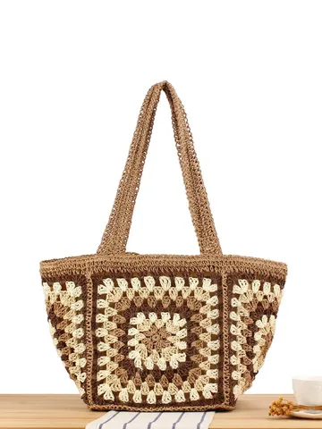 Womens Large Woven Tote Bag Casual Hand-Woven Paper Rope Shoulder Bag Bohemian Vacation Beach Tote Handbag