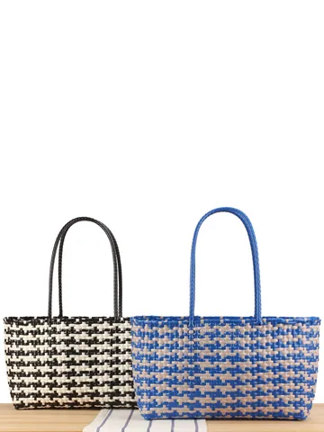 Dames Kunststof Geflochten Tas Geruit Grote Capaciteit Mand Schoudertas Casual Vakantie Strand Handtas Zomer Open Casual Tote