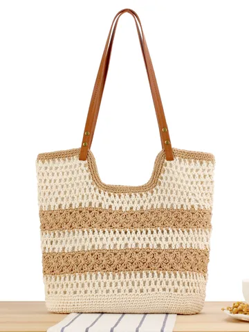 Γυναικείο Χειροποίητο Υφαντό Tote Bag Casual Ριγέ Τσάντα Ώμου από Βαμβακερό Σχοινί Μεγάλης Χωρητικότητας Καλοκαιρινή Τσάντα Διακοπών στην Παραλία