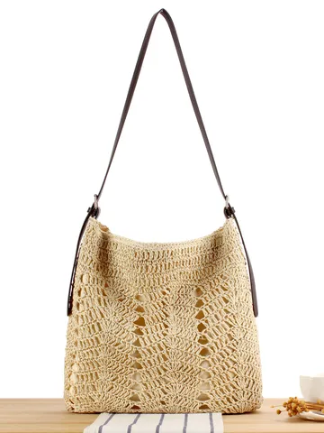 Women Straw Woven Shoulder Bag Casual Large Capacity Crossbody Bag Handmade Paper Rope Beach Vacation Tote Bag