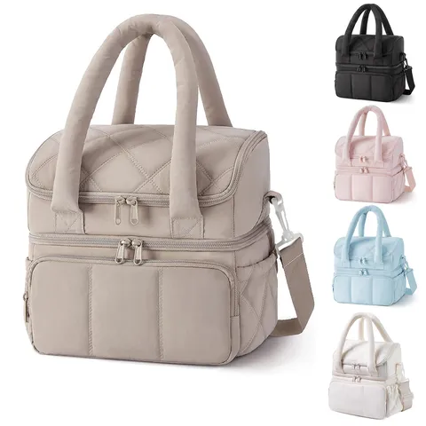 Women Double Layer Insulated Lunch Bag Quilted Oxford Cloth Thermal Lunch Box Tote Pack For Office School Picnic Outdoor Commuting