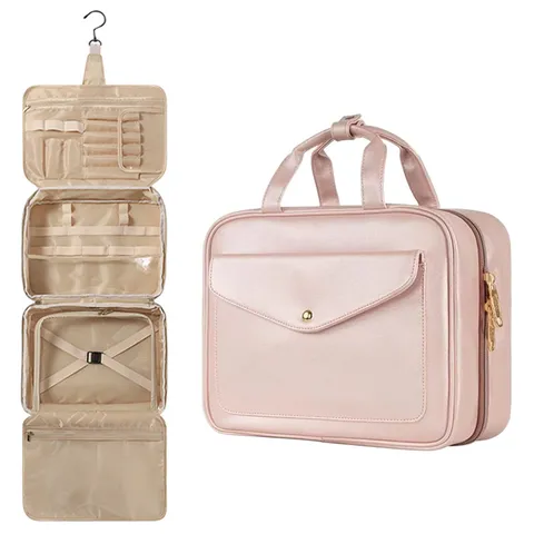 PU Leather Waterproof Hanging Toiletry Bag Large Capacity Travel Cosmetic Makeup Organizer Compartment Wash Bag For Women Men