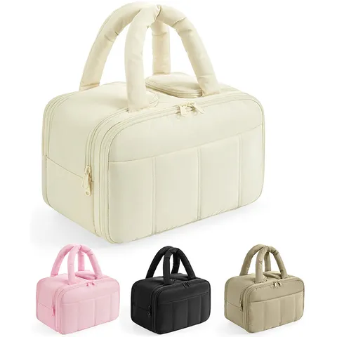 Portable Polyester Quilted Diamond Toiletry Bag Large Compartmentalized Wet Dry Separation Travel Makeup Bag Puffy Cosmetic Bag Handbook Organizer For Universal