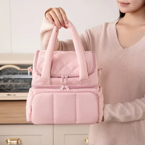 Women Double Layer Insulated Lunch Bag Quilted Oxford Cloth Thermal Lunch Box Tote Pack For Office School Picnic Outdoor Commuting