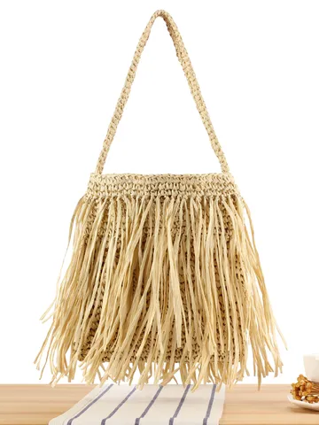 Women Fashion Tassel Straw Woven Handbag Casual Daily Beach Vacation Paper Rope Tote Bag Vintage Style