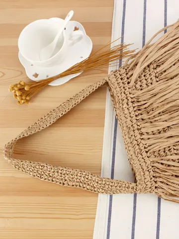 Women Fashion Tassel Straw Woven Handbag Casual Daily Beach Vacation Paper Rope Tote Bag Vintage Style