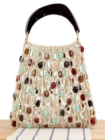 Sac Cabas pour Femme Tissé à la Main Cordon Cire avec Perles Minimaliste Urbain Ouvert Maille Ajourée Sac à Main Vacances Plage Poignée en Résine