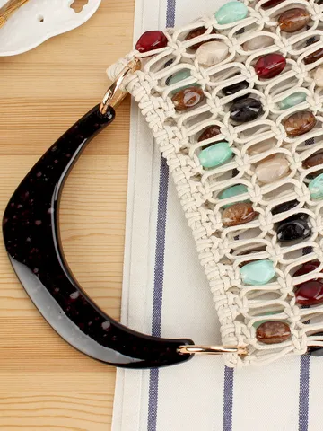 Sac Cabas pour Femme Tissé à la Main Cordon Cire avec Perles Minimaliste Urbain Ouvert Maille Ajourée Sac à Main Vacances Plage Poignée en Résine