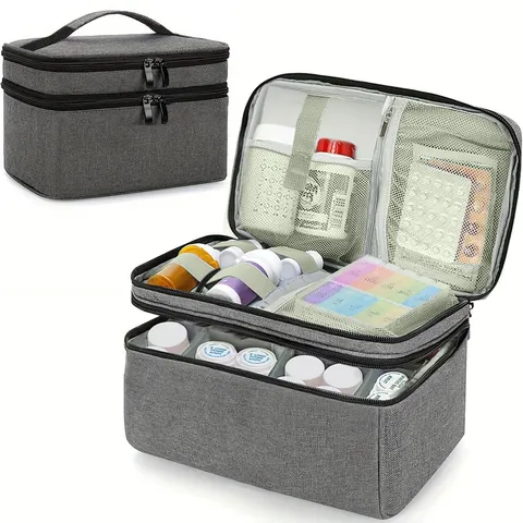 Sac de Rangement Médical de Premiers Secours en Polyester Portable Double Couche Organisateur de Médicaments de Voyage Sac de Trousse Urgence Famille Gris