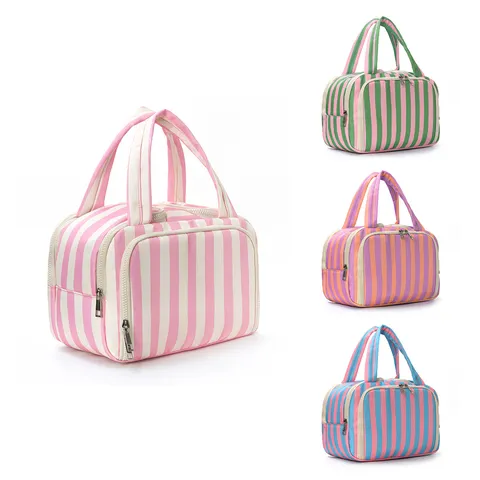 Striped Large Capacity Cosmetic Bag Portable Travel Toiletry Pouch Wide Opening Zipper Makeup Storage Case For Women Men