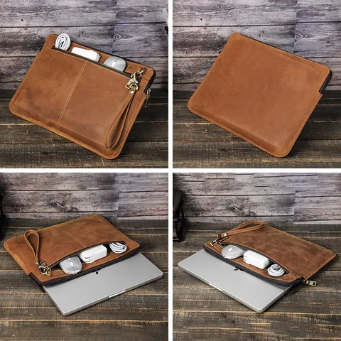 Funda de Cuero Genuino Vintage para Computadora Portátil Macbook Pro Negocios Casual Cuero de Vaca de Grano Superior Bolsa Antichoque Con Correa de Mano Extraíble Bolsillo Delantero Con Cremallera