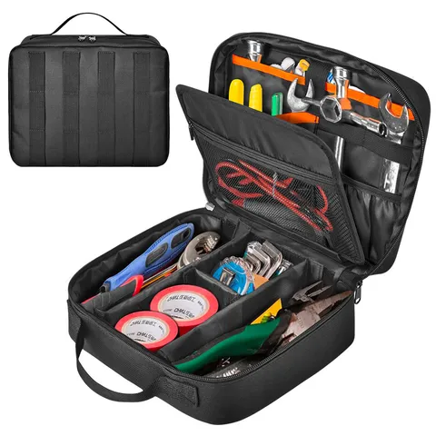 Heavy Duty Tool Bag Multi Functional Canvas Oxford Cloth Organizer Handbag Tool Carrier Pockets Zipper Closure Padded Dividers Removable Panel Car Home Repair Storage Pouch For Electrician Mechanic Carpenter Men