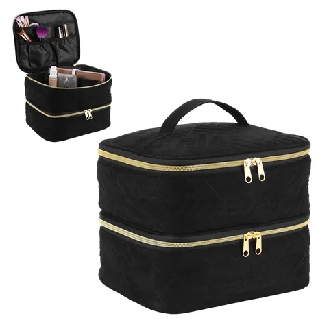 Portable Double Layer Velvet Makeup Bag Travel Cosmetic Organizer Nail Polish Storage Bag With Mirror And Brush Slots