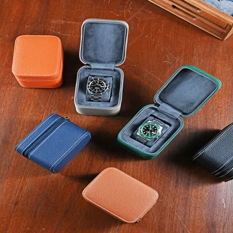 Premium Echt Leder Horlogebox Handgemaakt Litchi Patroon Mechanisch Horloge Opslag Organizer Enkele Reis Draagbare Horlogekast Met Rits Velvet Voering Beschermende Tas