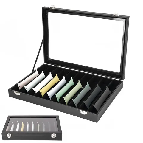 Leren Horlogeband Opbergdoos Multi Vakken Horlogeband Organizer Dienblad Glazen Deksel Sieraden Display Houder