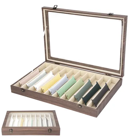 Leren Horlogeband Opbergdoos Multi Vakken Horlogeband Organizer Dienblad Glazen Deksel Sieraden Display Houder