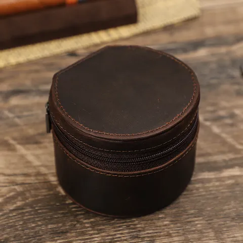 Vintage Crazy Horse Leather Round Watch Case Zipper Single Watch Storage Box Portable Travel Watch Organizer Coffee