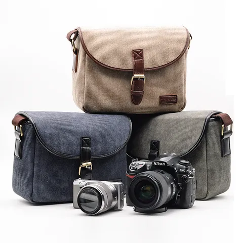 Preppy Casual Canvas Kameratas Patchwork Leren Schokbestendig Crossbody Schoudertas Voor DSLR Mirrorless Digitale Camera Tas