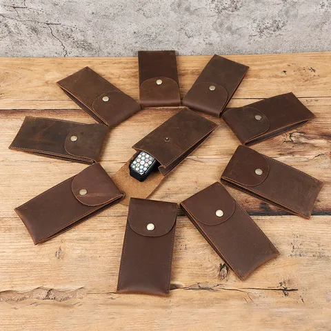 Vintage Genuine Leather Watch Case Pouch With Metal Hasp Handmade Cowhide Flap Protective Storage Cover Organizer For Smartwatch Travel Daily