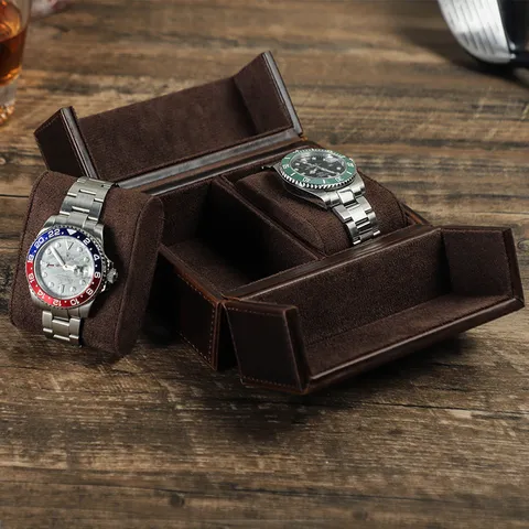 Boîte à Montres en Cuir de Vachette Fait Main Double Emplacement Organisateur Montres Vintage Café Boîtier de Voyage pour Hommes Femmes
