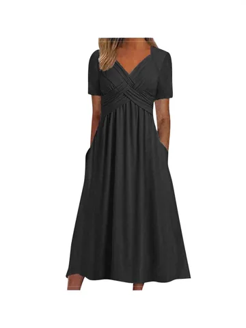 Women Summer V Neck Criss Cross Short Sleeve Midi Dress High Waist Pleated A Line Casual Dress With Pockets Solid Color Polyester Dress