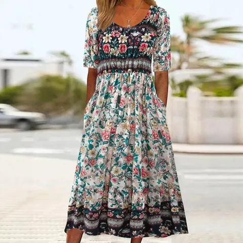 Γυναικείο Φόρεμα Midi Bohemian με Φλοράλ Τύπωμα Στρογγυλή Λαιμόκοψη Κοντό Μανίκι Casual Καλοκαιρινό Φόρεμα Με Τσέπες Πολυεστέρας