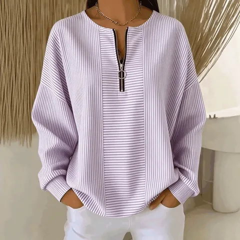 Women's Casual Striped Long Sleeve T-Shirt With Front Zipper O-Neck Drop Shoulder Loose Top Fashion Striped Sweatshirt For Autumn Winter