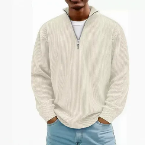 Men Casual Quarter Zip Polo Shirt Long Sleeve Ribbed Knit Stand Collar Polyester Top For Autumn Daily Leisure